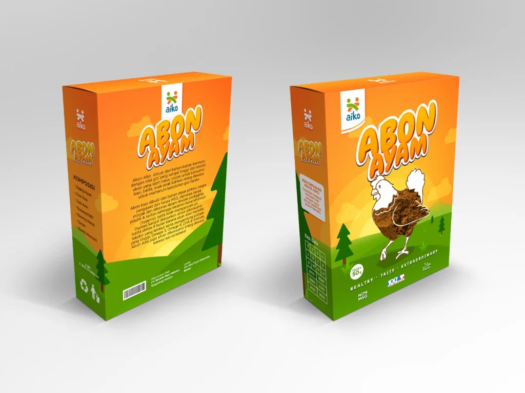 Mockup Aiko Desain kemasan box abon. Kemasan abon ayam