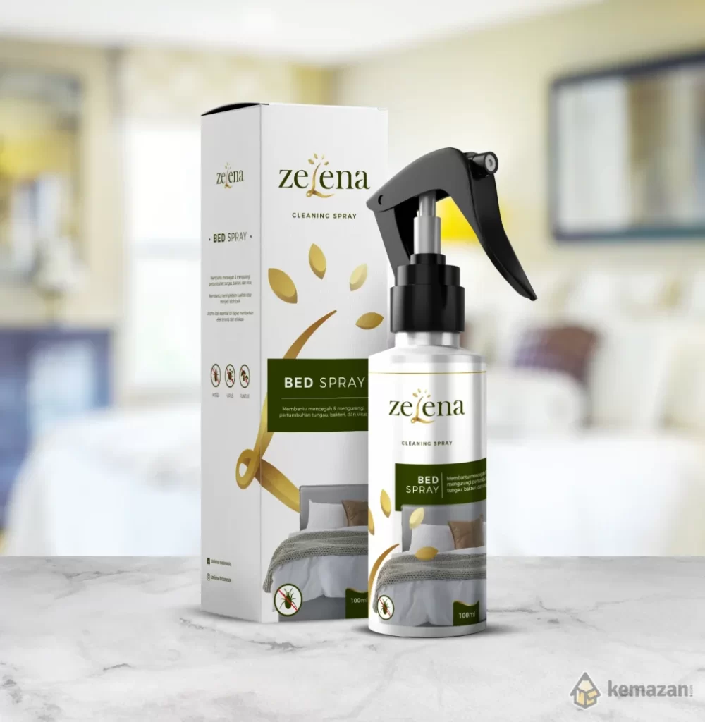 Zelena bed spray. Desain kemasan semprotan. Desain kemasan penyemprot seprei
